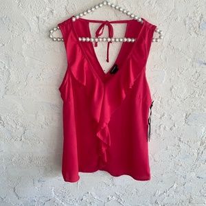NWT Stoosh Hot Pink Women's Sleeveless Top Front Ruffle Neck Tie Back Sz Small